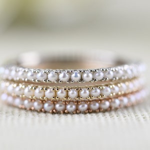 1.3 mm Creamy White Fresh Seed Pearls Solid 10K, 14k  Gold Half Eternity Dainty Stocking Ring