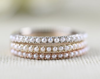 1.3 mm Creamy White Fresh Seed Pearls Solid 10K, 14k  Gold Half Eternity Dainty Stocking Ring