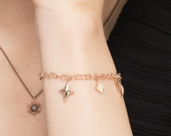 Lovely 5 Charms, Bohemian Style 14k Rose Blue Diamond Cognac