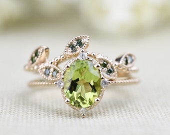 Oval Peridot  Vintage  Engagement Ring White Diamond   Solid 10k,14k  Yellow Gold Beautiful Bridal Ring