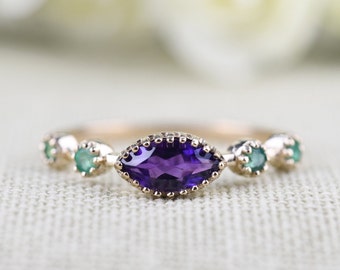 Marquis Amethyst and Emerald ,Art deco Engagement Ring, 14k Solid Yellow Gold Ring