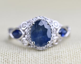 Vintage Style 2CT Oval  Dark Blue Sapphire Diamond  Halo 14K Solid Gold  Engagement ring