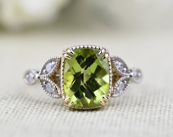 2.5 ct Cushion cut, Peridot Engagement ring  , 14k yellow and white gold white diamond Vintage Ring.