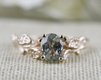 Mint Green Sapphire Solid 14k Yellow Gold Tree and Leaves Nature Inspired Engagement Ring