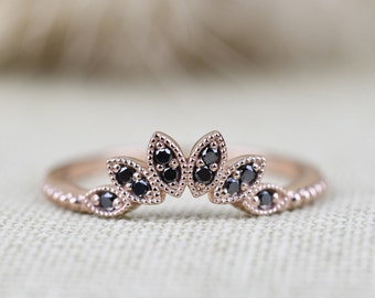 Art Deco Black  Diamond Mil grain Leaf Ring Solid 14k  Gold Wedding Band