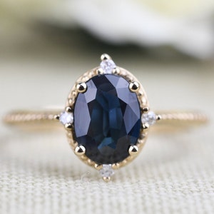 Art deco, Dark blue  Sapphire Vintage Engagement ring 1.6 ct oval sapphire ,white diamond , solid 14k rose gold ring