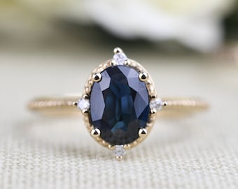 Art deco, Dark blue  Sapphire Vintage Engagement ring 1.6 ct oval sapphire ,white diamond , solid 14k rose gold ring