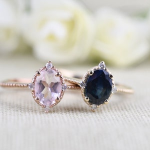 Blue Sapphire Vintage Engagement Ring Oval Sapphire ,white Diamond , Solid 14k Yellow Gold Bridal Set image 8