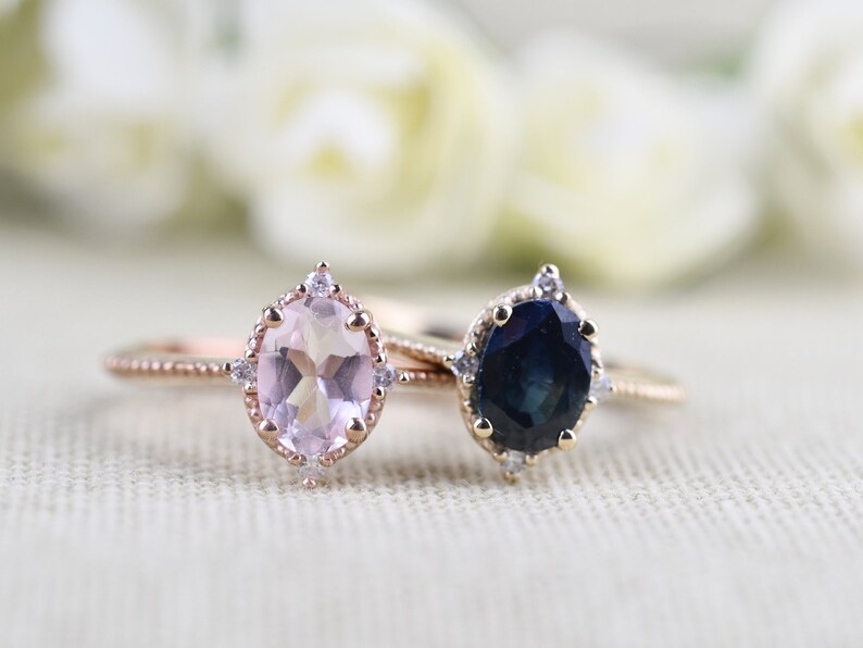 Blue Sapphire Vintage Engagement Ring Oval Sapphire ,white Diamond , Solid 14k Yellow Gold Bridal Set image 8