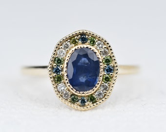 Dark Blue Sapphire & Color Diamond  14k Yellow gold floral engagement ring