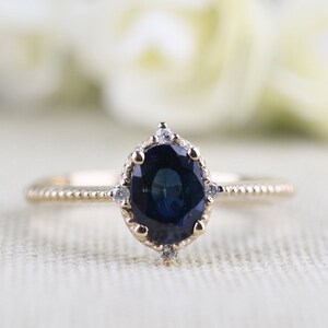 Blue Sapphire Vintage Engagement Ring Oval Sapphire ,white Diamond , Solid 14k Yellow Gold Bridal Set image 9