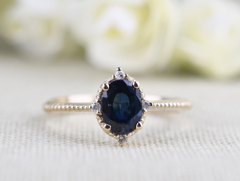 Blue Sapphire Vintage Engagement Ring Oval Sapphire ,white Diamond , Solid 14k Yellow Gold Bridal Set image 9