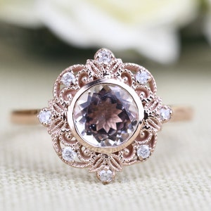 Stunning Floral Engagement Ring  Pink Morganite & white diamond Rose Gold Engagement Ring