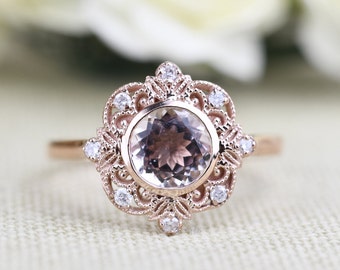 Prachtige verlovingsring met bloemen roze morganiet en witte diamant roségouden verlovingsring