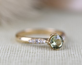Vintage Green Sapphire Engagement Ring White Diamond Solid 14k Yellow  Gold Ring