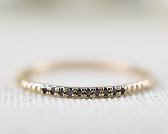 1.0 mm Black Diamond  Band 14k Solid Gold Dainty Wedding Ring