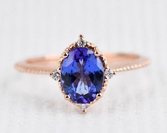 Oval Tanzanite Vintage Engagement ring  solid rose, yellow and white  gold  white diamond ring