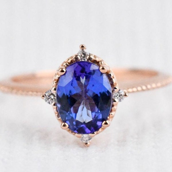 Oval Tanzanite Vintage Engagement ring  solid rose, yellow and white  gold  white diamond ring