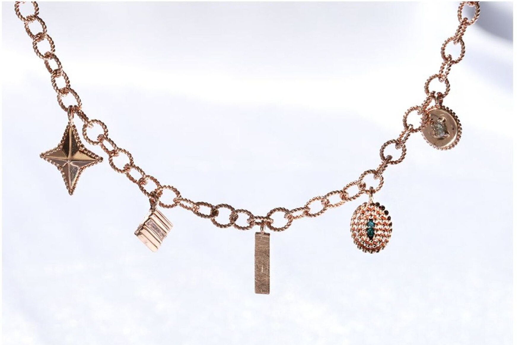 Lovely 5 Charms, Bohemian Style 14k Rose Blue Diamond Cognac
