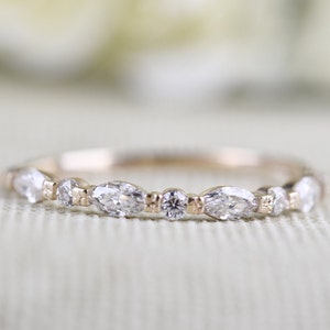 Marquise and Round White Diamond Wedding Band Solid 14k Gold Ring image 1