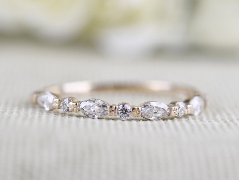 Marquise and Round White Diamond Wedding Band Solid 14k Gold Ring image 1