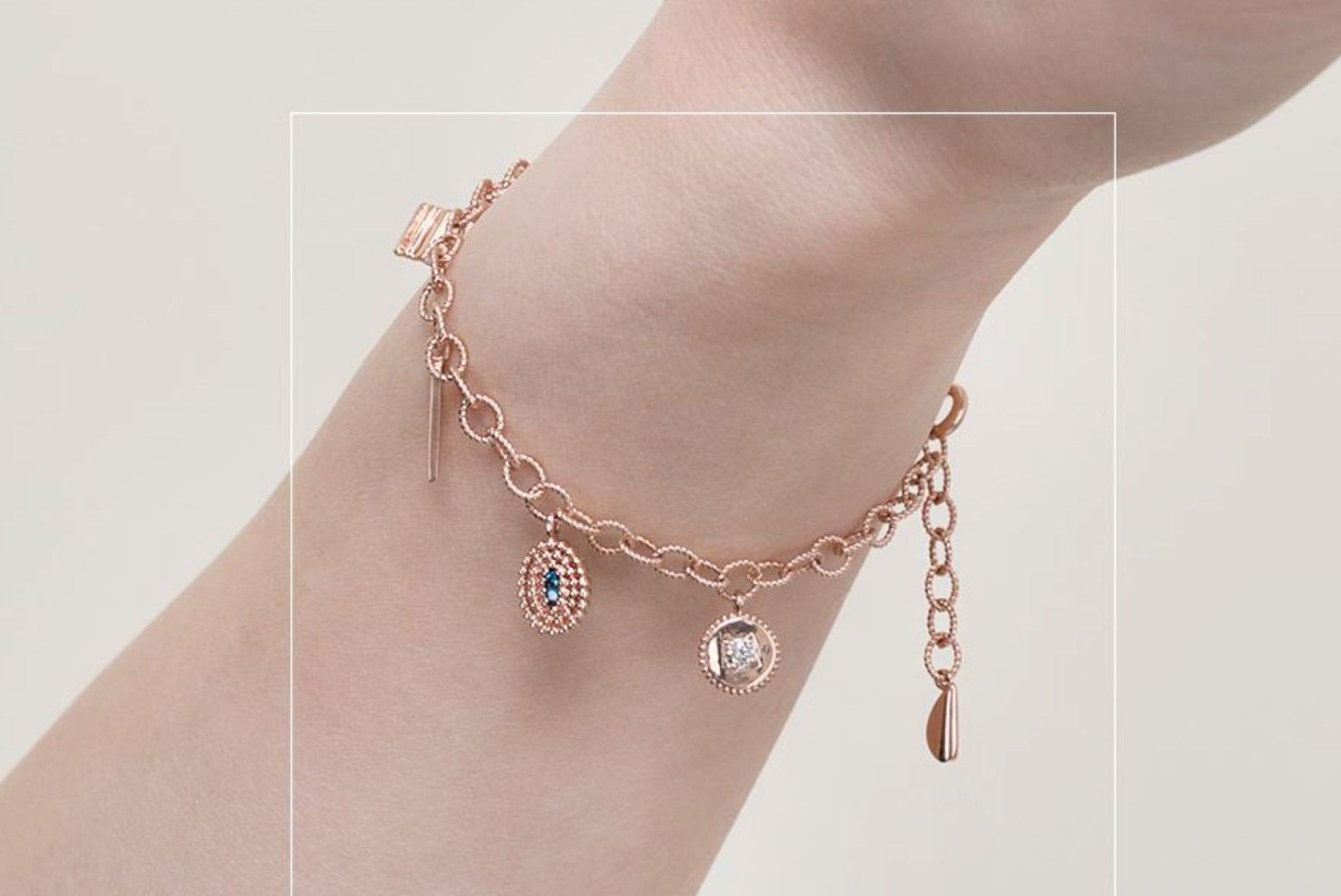 Lovely 5 Charms, Bohemian Style 14k Rose Blue Diamond Cognac