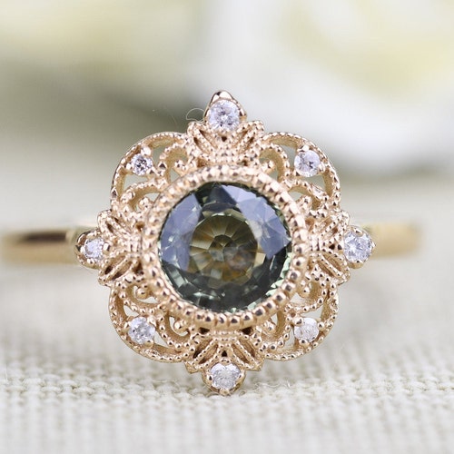 Olive Green Sapphire Floral Engagement Ring. Solid 14k Yellow - Etsy