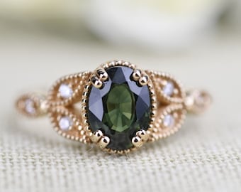 Olive Green Sapphire Floral Engagement Ring. Solid 14k Yellow Gold White Diamond Ring