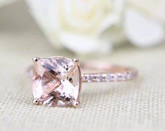 2 CT Cushion Cut Morganite Engagement Ring, 14k Solid  Rose Gold Diamond Ring