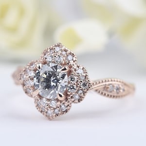 The Queen of Floral Engagement Ring , Natural White Diamond 14k Rose Gold Ring