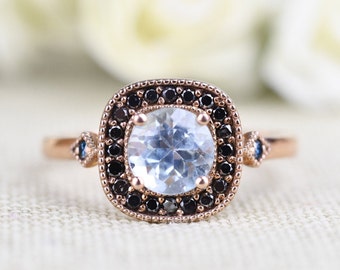 Black Diamond Halo, 6mm Round Aquamarine Blue Diamond 14K Solid rose gold Engagement ring