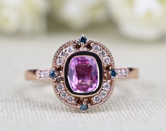 Art deco, Floral Pink Cushion Cut Sapphire, Multi Diamond Halo Vintage Engagement Ring