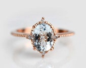 Aquamarine Vintage Engagement ring 1.3 CT Oval Aquamarine, White Diamond Solid Gold Ring