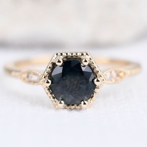 Art deco Hexagon, Deep Blue Sapphire Engagement Ring White diamond Solid 14k Yellow Gold Ring