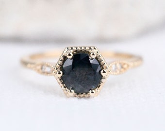 Art deco Hexagon, Deep Blue Sapphire Engagement Ring White diamond Solid 14k Yellow Gold Ring