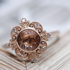 Floral  Engagement Ring Stunning magnolia blossom  pink morganite white diamond rose gold engagement ring