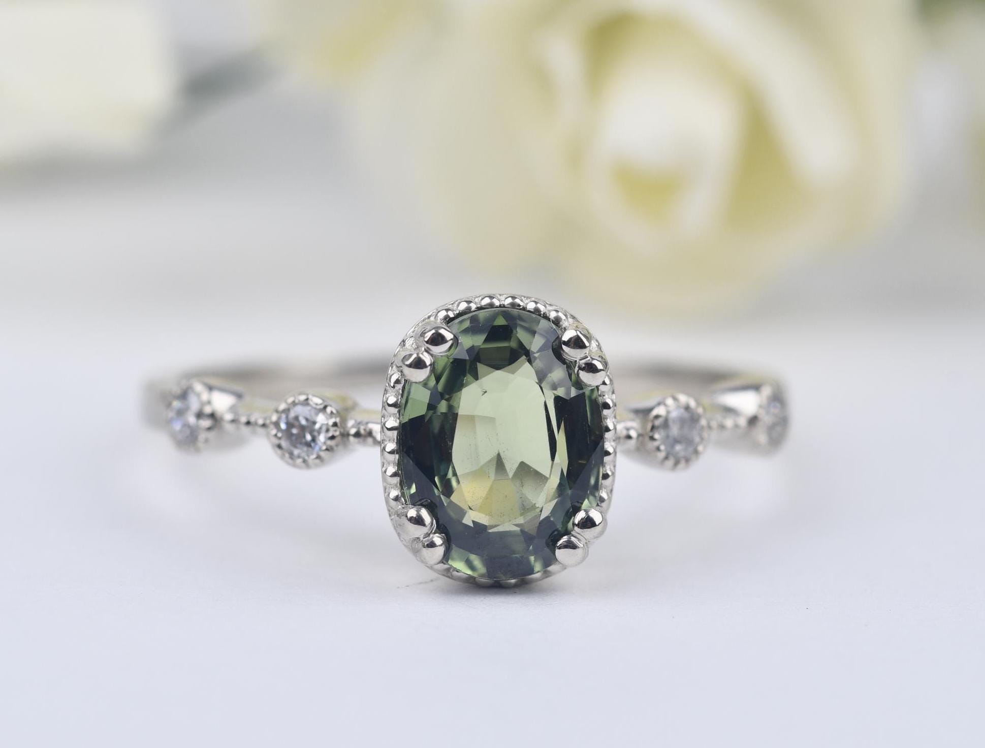 Olive Green Sapphire Vintage  Engagement Ring. Solid 14k Yellow Gold White Diamond Ring