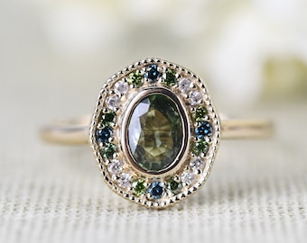 Floral Art deco ,Solid  14k Yellow Gold Engagement Ring Vintage Olive Green Sapphire & Multi Diamond Ring