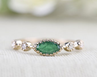 Marquis Emerald Art deco  Engagement Ring, 14k Solid  Yellow Gold White  Diamond Ring