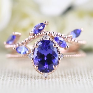 Natural Tanzanite Floral  Engagement Ring and Ivy  Wedding Band 14k Solid Rose Gold Bridal Set