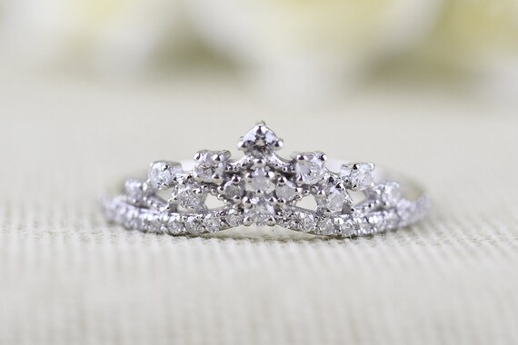 The Queen of Tiara White Diamond Wedding Band solid 14k Gold Ring Etsy