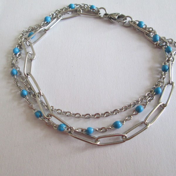 Bracelet multi rang en acier argenté, chaine émail bleu turquoise, pour femme