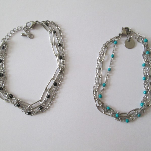 Bracelet multi rang en acier argenté chaine maille perle noir ou vert turquoise vendu à l'unité modèle au choix modèle noir vendu