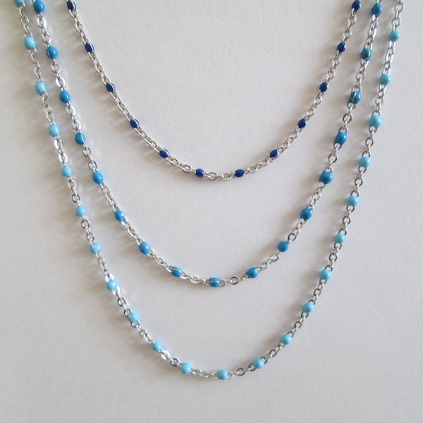 Collier ras de cou en acier argenté perles émaillées bleu vendu à l'unité pour femme