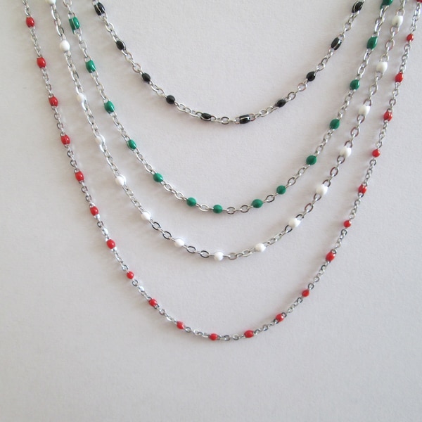 Collier ras de cou en acier argenté perles émaillées couleur au choix noire vert blanc rouge vendu à l'unité