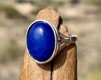 Lapis Lazuli Ring with 14x10 mm Grade AA Gemstone, Sterling Silver Jewelry, 9th Anniversary Gift for Wife, Sizes 5, 6-1/2, 7, 8