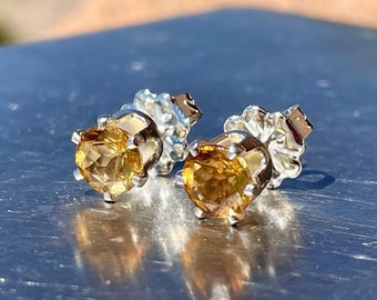 Golden Citrine Stud Earrings with 6mm Grade AAA Gemstones, Sterling Silver Jewelry, November Birthstone Earrings, 30th Birthday Gift for Her