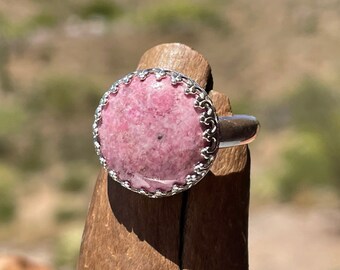 Pink Rhodonite Ring with 14 mm Colorado Gemstone, Pink Ring, Sterling Silver Jewelry with Cabochon, Birthday Gift for Mom, Size 6 7 8