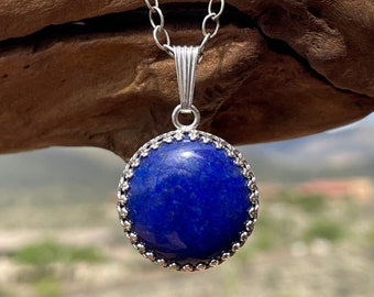 Lapis Lazuli Pendant with 20 mm Round Grade AA Gemstone, Sterling Silver Jewelry, Lapis Lazuli Jewelry, 9th Anniversary Gift for Wife