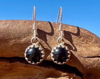 Small Black Onyx Drop Earrings: Sterling Silver, 8 mm Gemstones, 7th Anniversary Gift